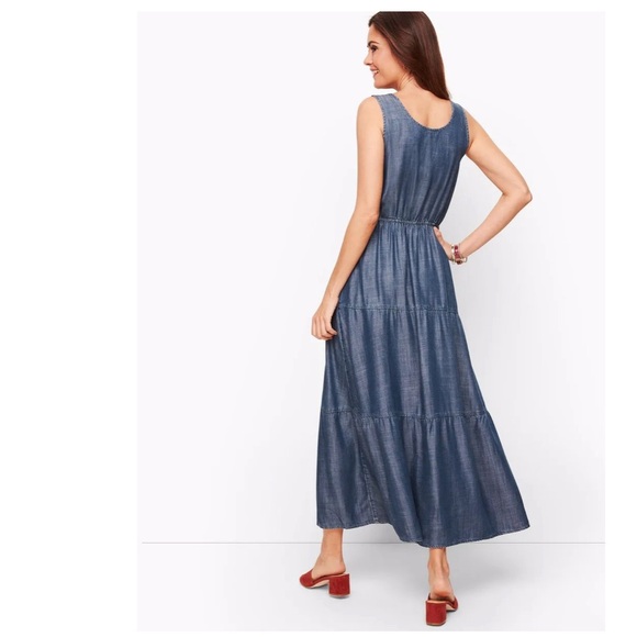 Talbots Sleeveless Dress Fit & Flare Denim Tencel Tiered Maxi SZ 10P - Picture 3 of 7